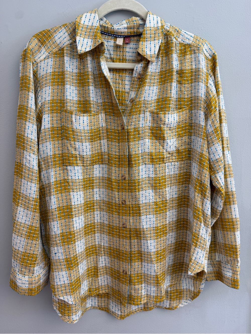 Pilcro by Anthropologie "Motif" Mustard Plaid Stitched Shirt, Size Small